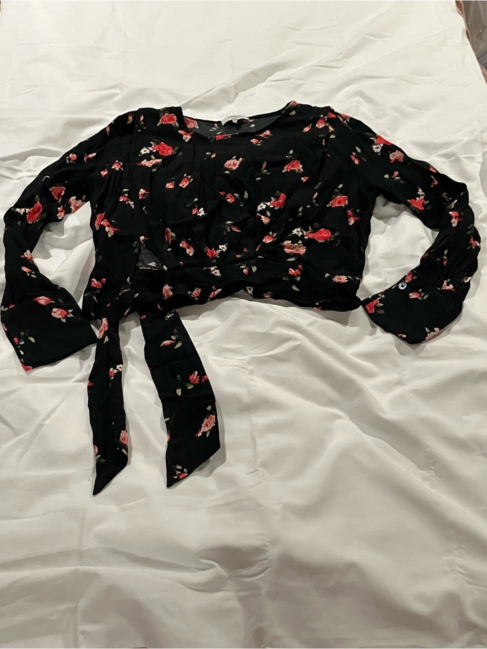 FRNCH Black Floral Tie-Front Crop Blouse with Red Rose Print